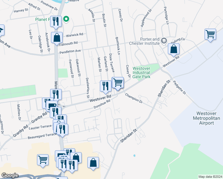 map of restaurants, bars, coffee shops, grocery stores, and more near 47 Tanglewood Street in Chicopee