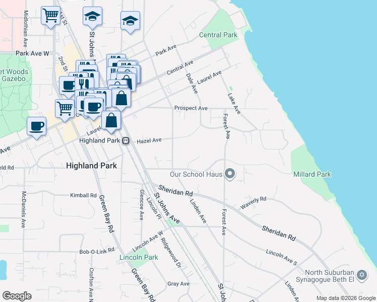 map of restaurants, bars, coffee shops, grocery stores, and more near 360 Hazel Avenue in Highland Park