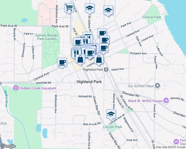 map of restaurants, bars, coffee shops, grocery stores, and more near 1700 2nd Street in Highland Park