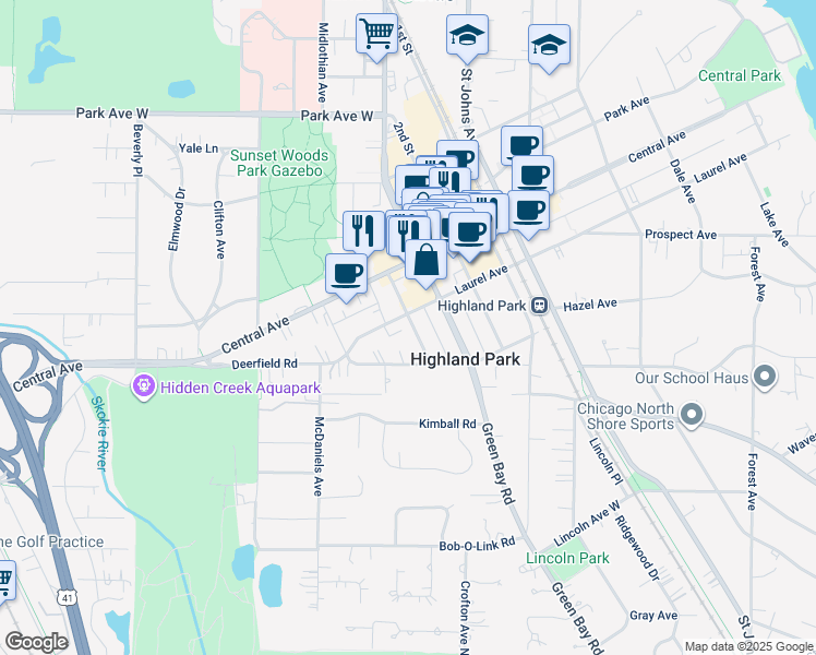 map of restaurants, bars, coffee shops, grocery stores, and more near 746 Laurel Avenue in Highland Park