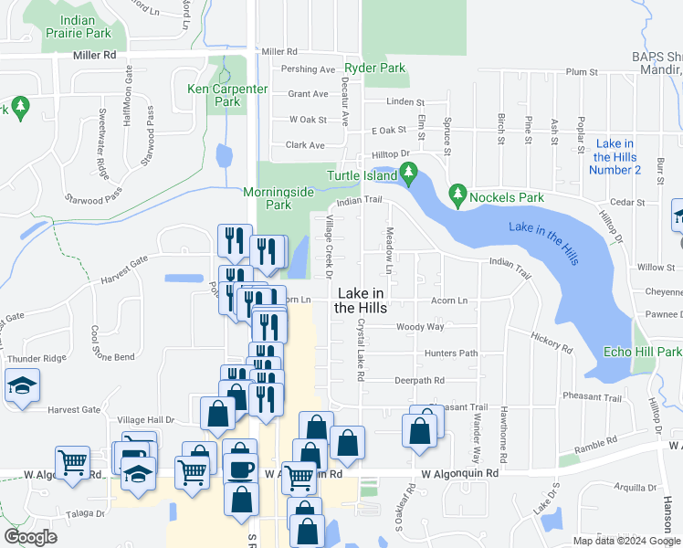map of restaurants, bars, coffee shops, grocery stores, and more near 321 Village Creek Drive in Lake in the Hills