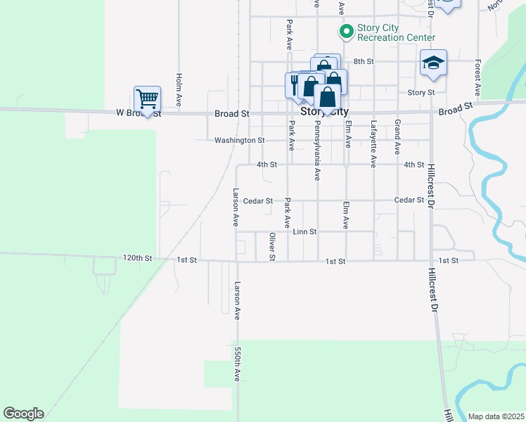 map of restaurants, bars, coffee shops, grocery stores, and more near 211 Cedar Street in Story City
