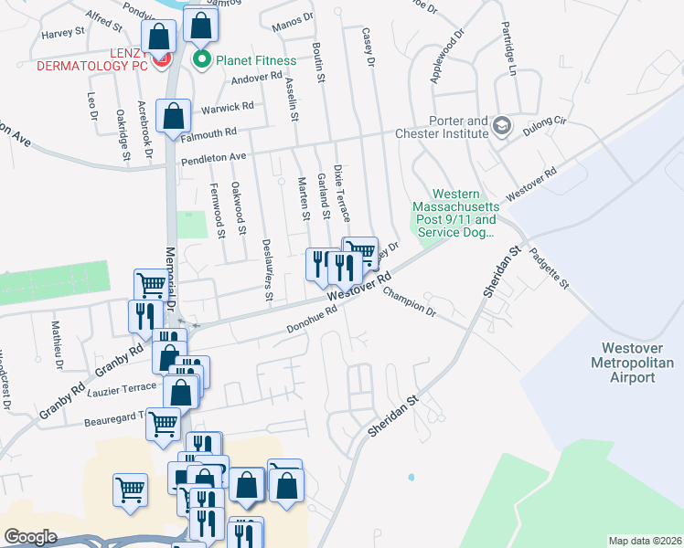 map of restaurants, bars, coffee shops, grocery stores, and more near 1760 Westover Road in Chicopee