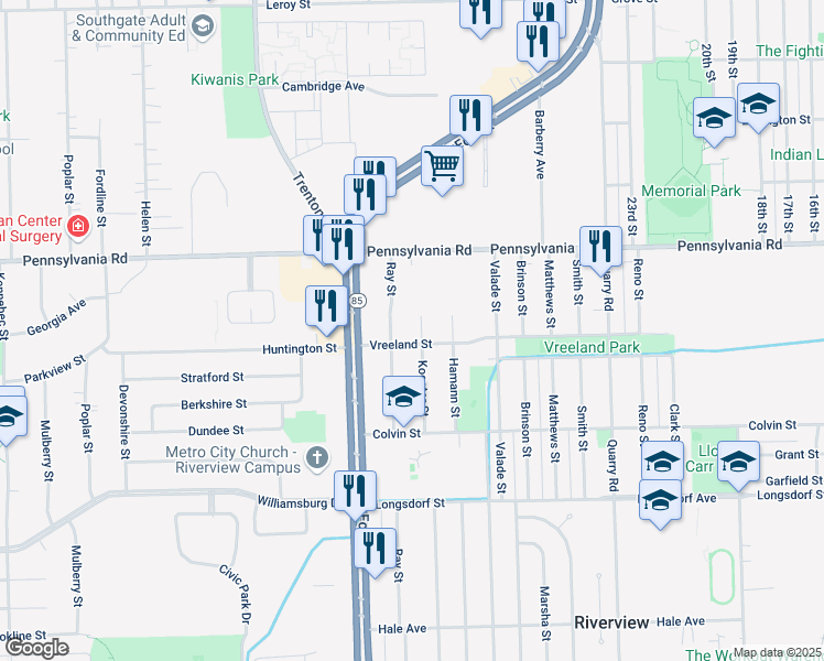 map of restaurants, bars, coffee shops, grocery stores, and more near 17128 Koester Street in Riverview
