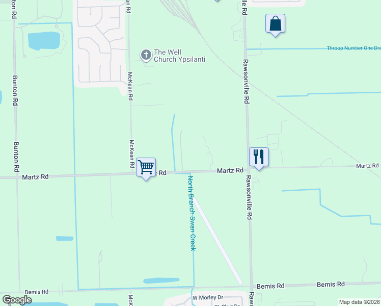 map of restaurants, bars, coffee shops, grocery stores, and more near 10733 Martz Road in Ypsilanti