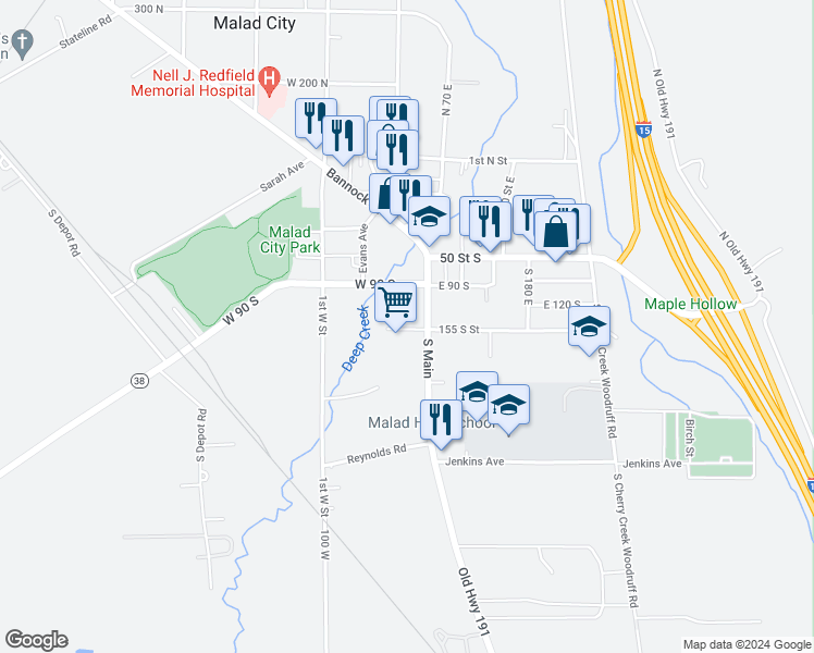 map of restaurants, bars, coffee shops, grocery stores, and more near 170 South Main Street in Malad City