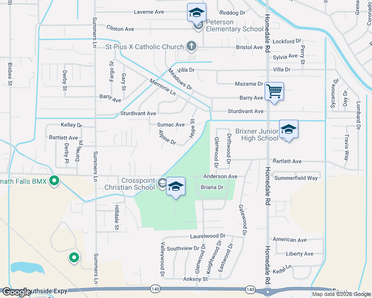 map of restaurants, bars, coffee shops, grocery stores, and more near 4707 Hope Street in Klamath Falls