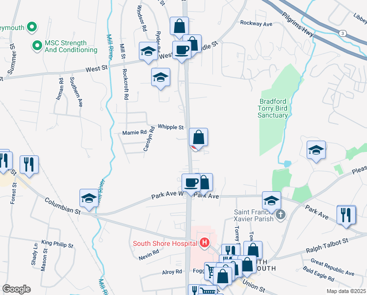 map of restaurants, bars, coffee shops, grocery stores, and more near 1119 Front Street in Weymouth