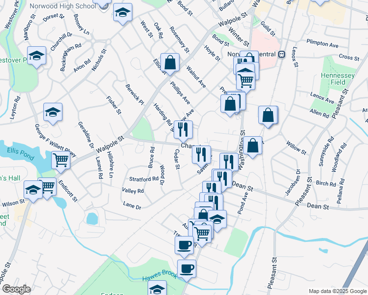 map of restaurants, bars, coffee shops, grocery stores, and more near 69 Chapel Street in Norwood