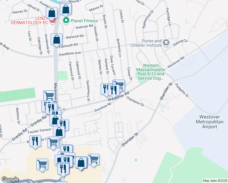 map of restaurants, bars, coffee shops, grocery stores, and more near 47 Tanglewood Street in Chicopee