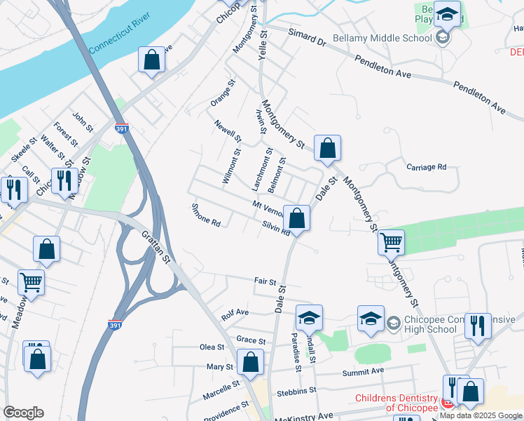 map of restaurants, bars, coffee shops, grocery stores, and more near 56 Mount Vernon Road in Chicopee