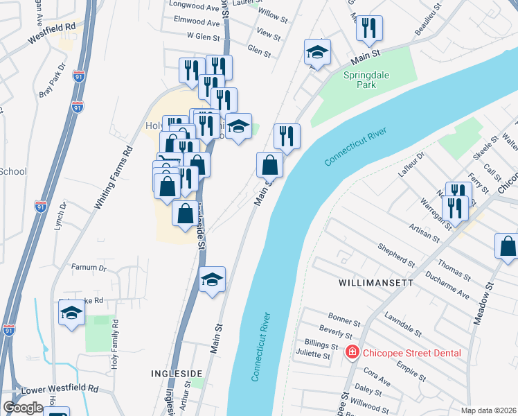 map of restaurants, bars, coffee shops, grocery stores, and more near 950 Main Street in Holyoke