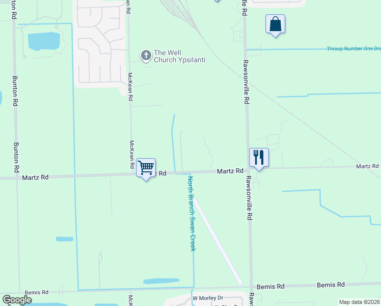 map of restaurants, bars, coffee shops, grocery stores, and more near 10733 Martz Road in Ypsilanti