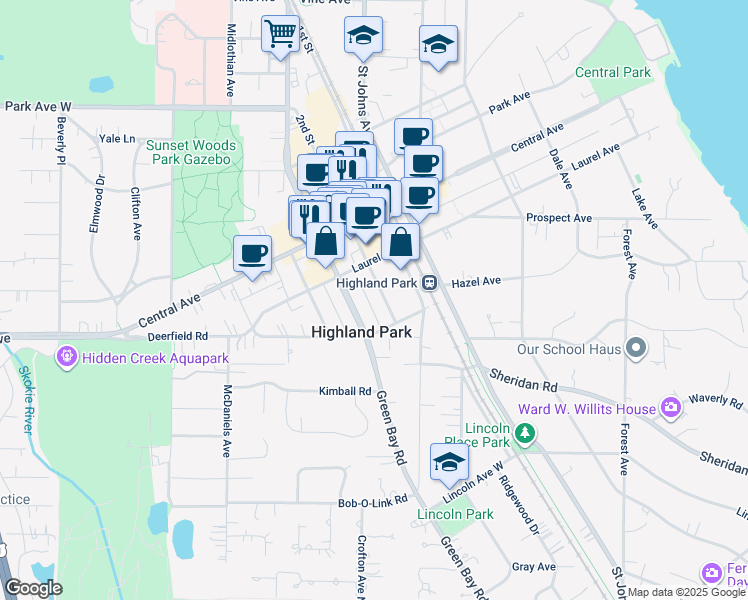 map of restaurants, bars, coffee shops, grocery stores, and more near 1700 2nd Street in Highland Park