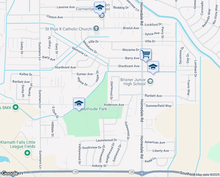 map of restaurants, bars, coffee shops, grocery stores, and more near 4800 Glenwood Drive in Klamath Falls