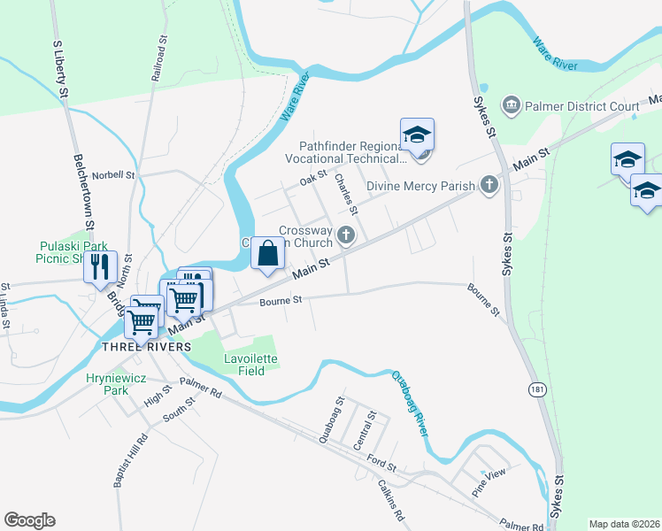 map of restaurants, bars, coffee shops, grocery stores, and more near 2208 Main Street in Palmer