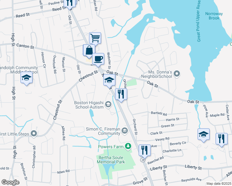 map of restaurants, bars, coffee shops, grocery stores, and more near 769 North Main Street in Randolph