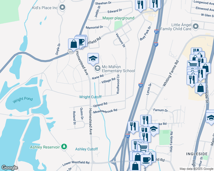 map of restaurants, bars, coffee shops, grocery stores, and more near 1 Green Willow Drive in Holyoke