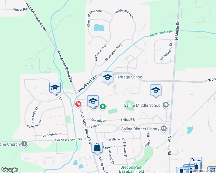 map of restaurants, bars, coffee shops, grocery stores, and more near 290 Woodland Drive East in Saline