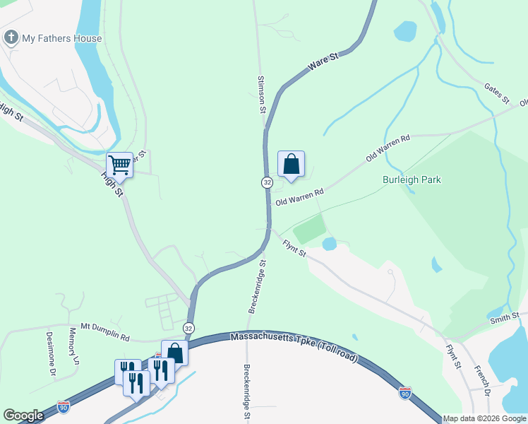 map of restaurants, bars, coffee shops, grocery stores, and more near 178 Ware Street in Palmer