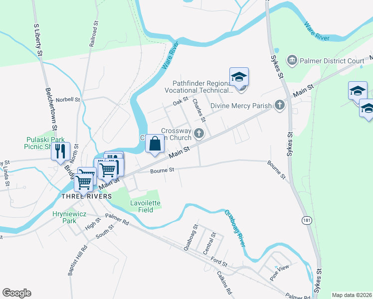 map of restaurants, bars, coffee shops, grocery stores, and more near 2208 Main St in Palmer