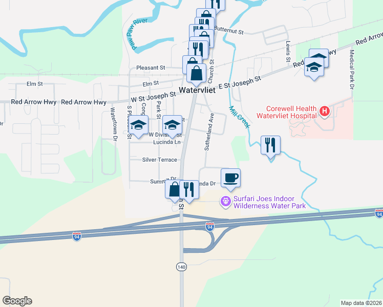 map of restaurants, bars, coffee shops, grocery stores, and more near 3940 Sutherland Avenue in Watervliet