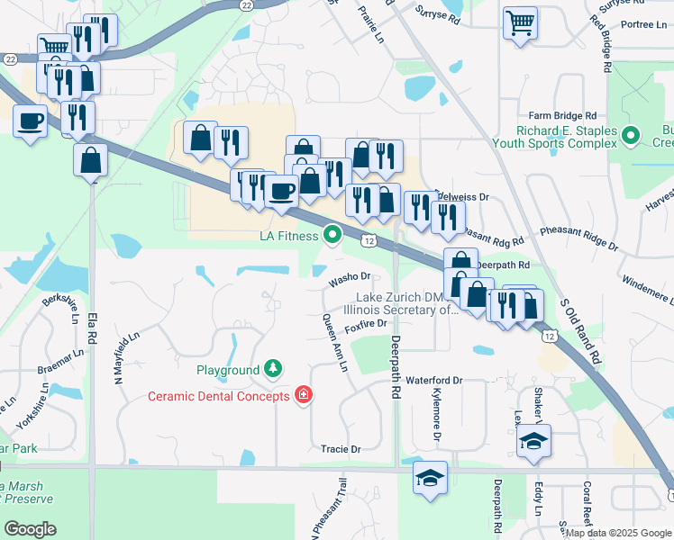 map of restaurants, bars, coffee shops, grocery stores, and more near 825 South Rand Road in Lake Zurich