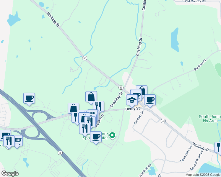 map of restaurants, bars, coffee shops, grocery stores, and more near 3 Whiting Lane in Hingham