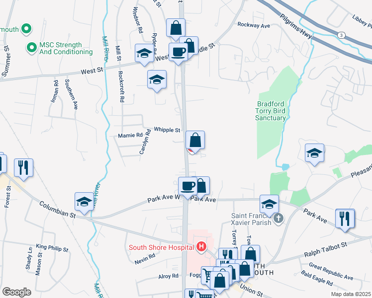 map of restaurants, bars, coffee shops, grocery stores, and more near 1119 Front Street in Weymouth