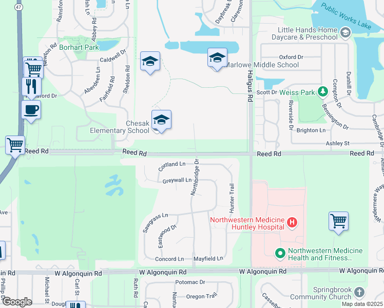 map of restaurants, bars, coffee shops, grocery stores, and more near 10910 Reed Road in Lake in the Hills