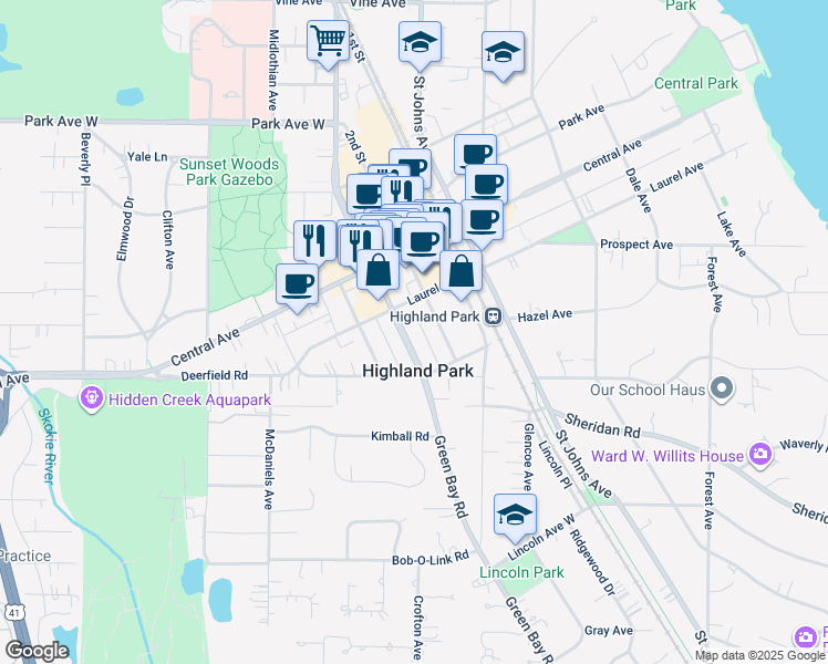 map of restaurants, bars, coffee shops, grocery stores, and more near 1661 Green Bay Road in Highland Park