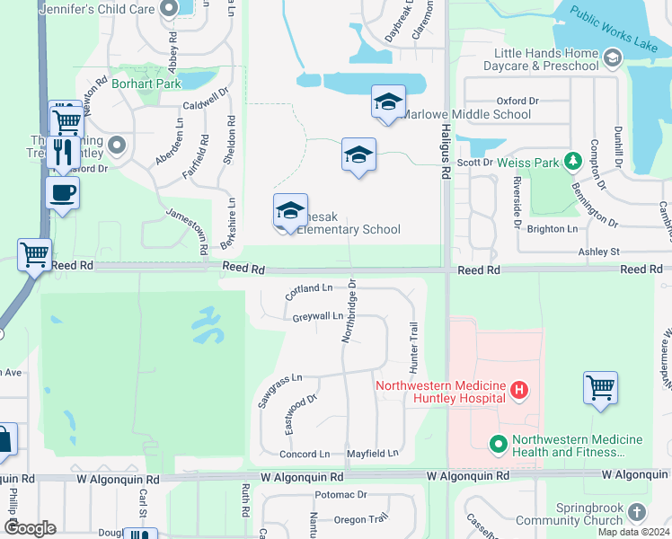 map of restaurants, bars, coffee shops, grocery stores, and more near 10910 Reed Road in Lake in the Hills