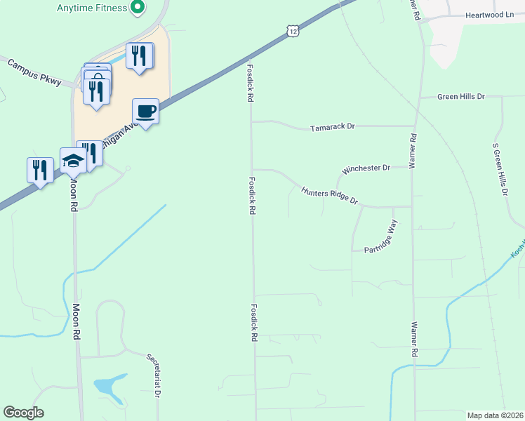 map of restaurants, bars, coffee shops, grocery stores, and more near 7303 Fosdick Road in Saline