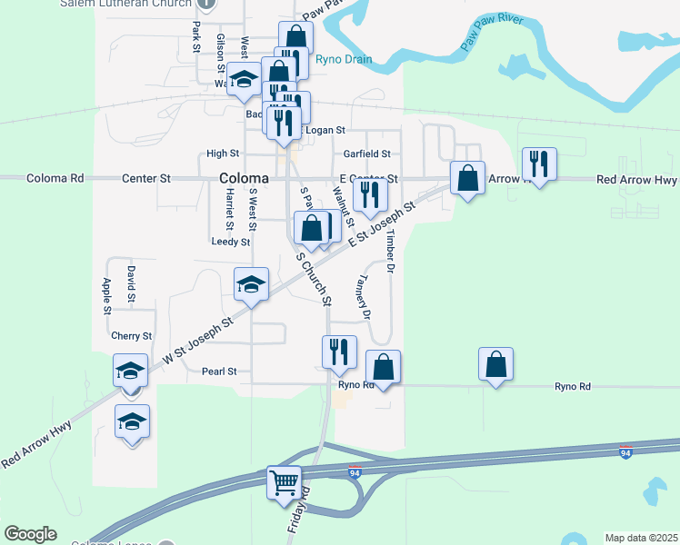 map of restaurants, bars, coffee shops, grocery stores, and more near 329 South Church Street in Coloma