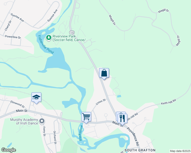 map of restaurants, bars, coffee shops, grocery stores, and more near 230 Providence Road in Grafton