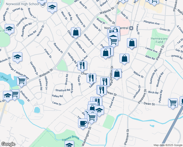 map of restaurants, bars, coffee shops, grocery stores, and more near 47 Chapel Street in Norwood