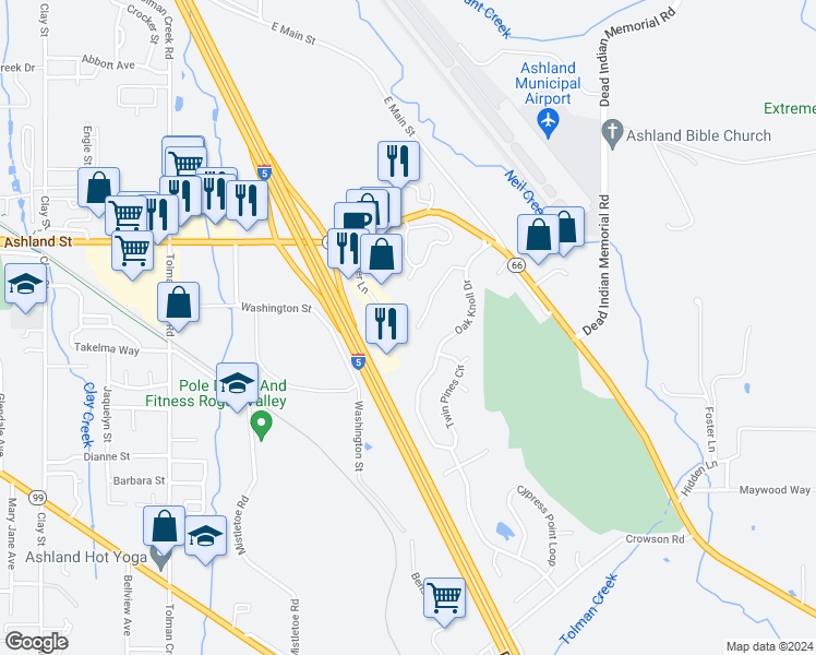 map of restaurants, bars, coffee shops, grocery stores, and more near 681 Spring Creek Drive in Ashland