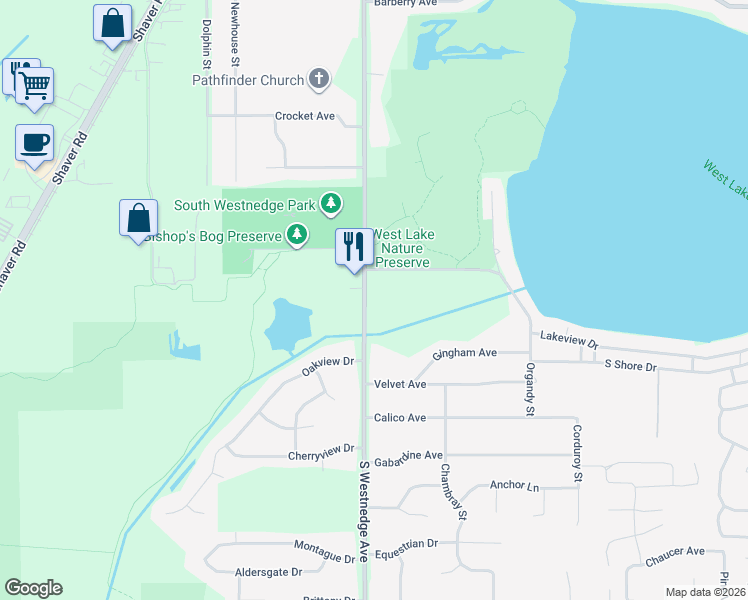 map of restaurants, bars, coffee shops, grocery stores, and more near 124 South Shore Drive in Portage