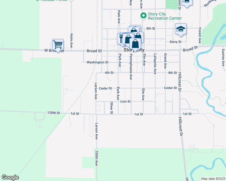 map of restaurants, bars, coffee shops, grocery stores, and more near 418 Cedar Street in Story City