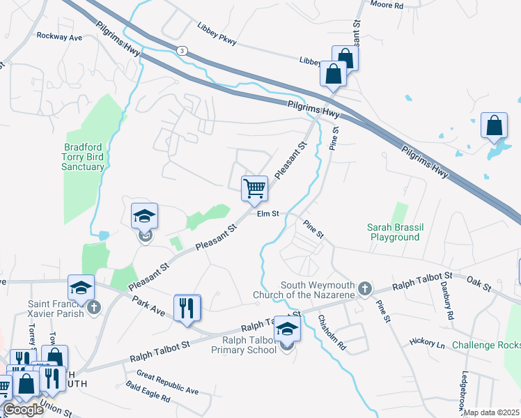 map of restaurants, bars, coffee shops, grocery stores, and more near 475 Pleasant Street in Weymouth