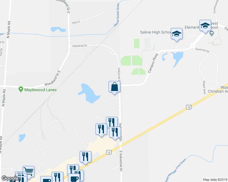 map of restaurants, bars, coffee shops, grocery stores, and more near 1235 Industrial Drive in Saline