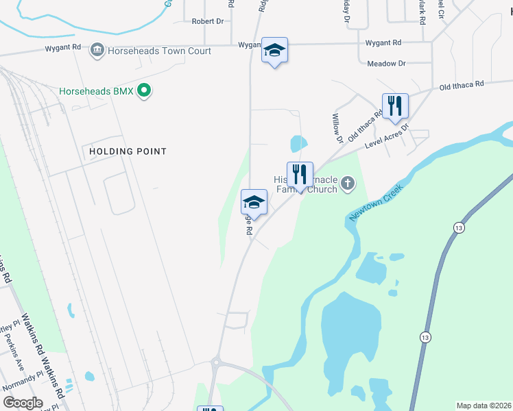 map of restaurants, bars, coffee shops, grocery stores, and more near 22 Ridge Rd in Horseheads