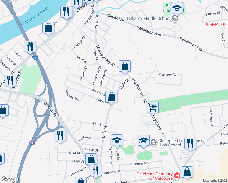 map of restaurants, bars, coffee shops, grocery stores, and more near 61 Montello Road in Chicopee
