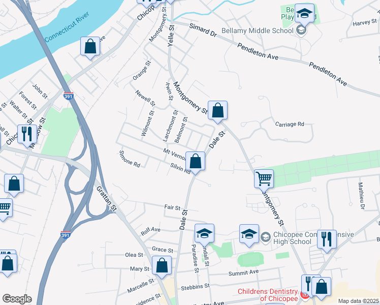 map of restaurants, bars, coffee shops, grocery stores, and more near 61 Montello Road in Chicopee