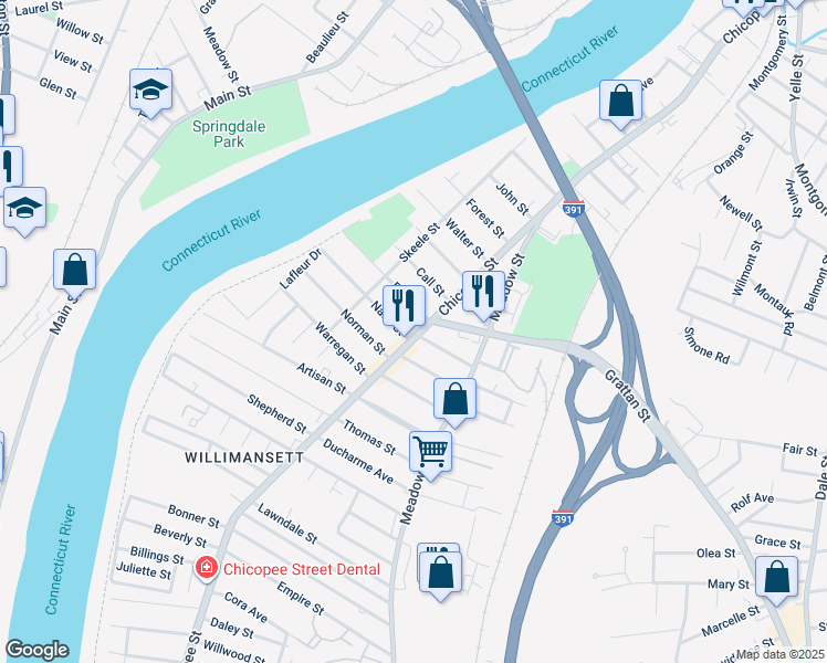 map of restaurants, bars, coffee shops, grocery stores, and more near 580 Chicopee Street in Chicopee