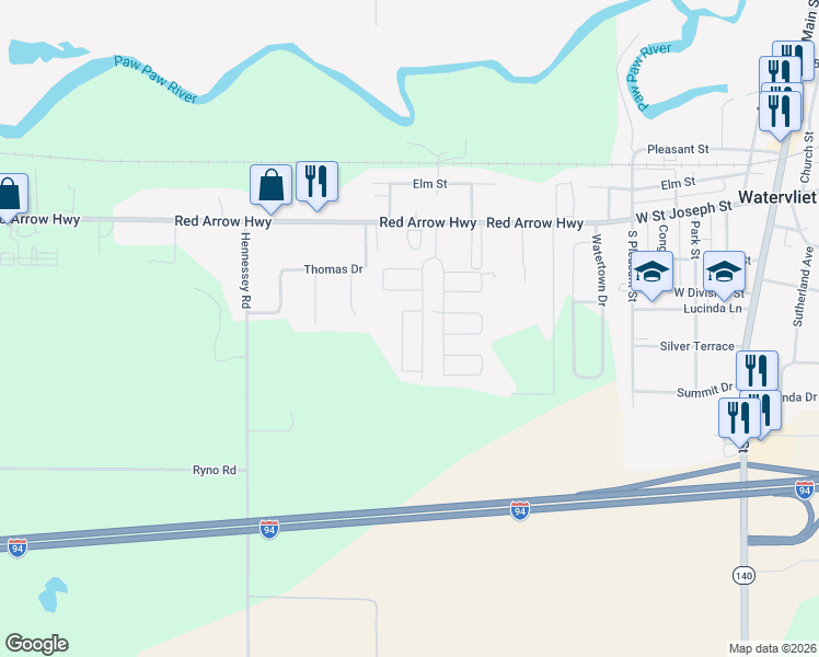 map of restaurants, bars, coffee shops, grocery stores, and more near Cypress Avenue in Watervliet