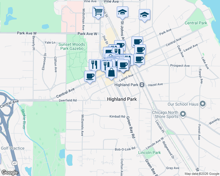 map of restaurants, bars, coffee shops, grocery stores, and more near 746 Laurel Avenue in Highland Park