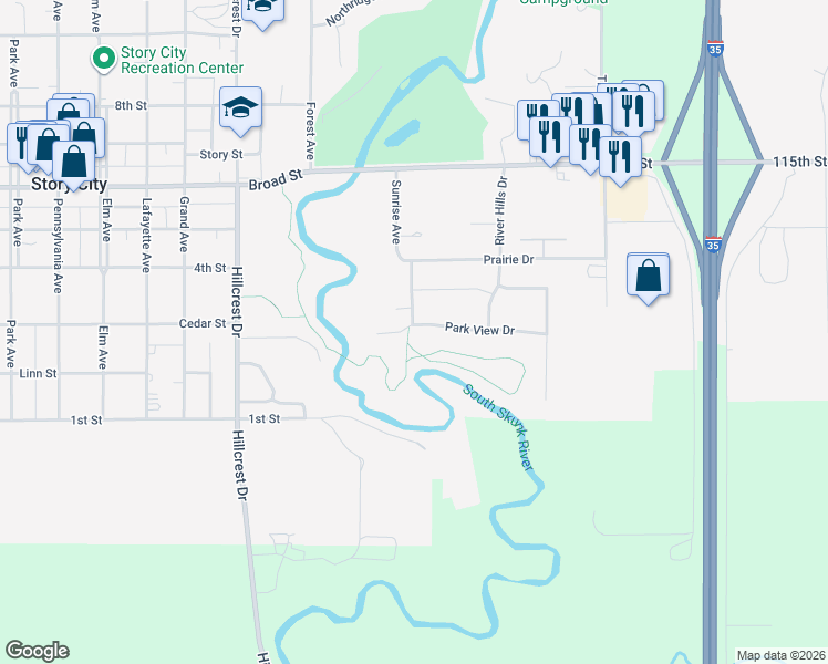 map of restaurants, bars, coffee shops, grocery stores, and more near 1284 Park View Drive in Story City