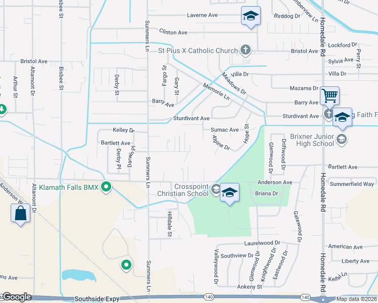 map of restaurants, bars, coffee shops, grocery stores, and more near 4491 Bartlett Avenue in Klamath Falls
