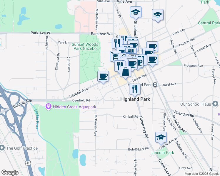 map of restaurants, bars, coffee shops, grocery stores, and more near 801 Laurel Avenue in Highland Park